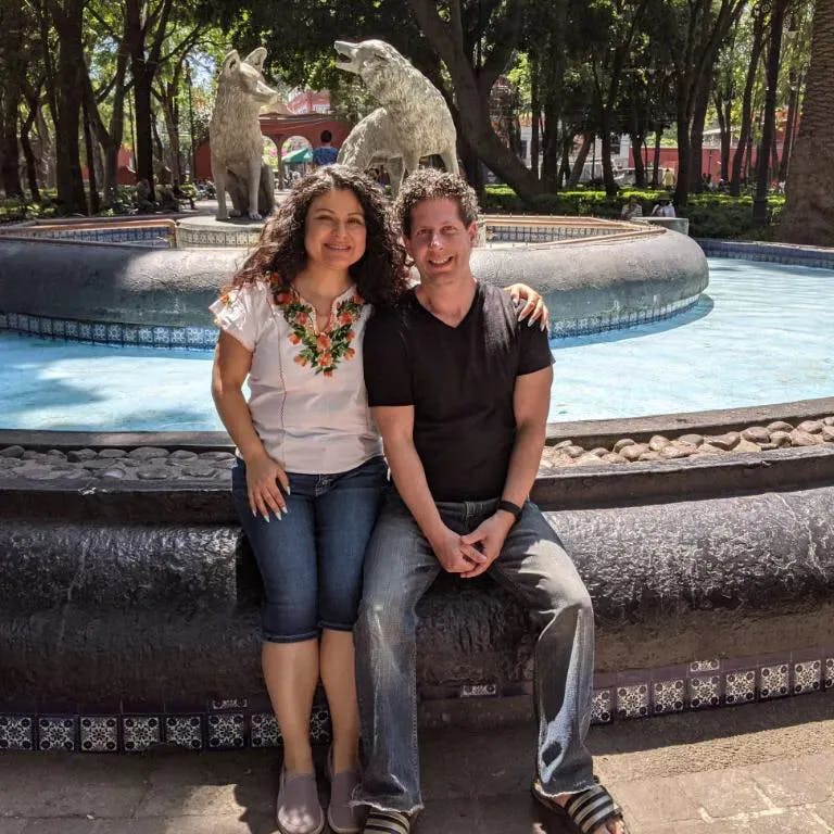 Us in Mexico City at Coyoacán’s famous La Fuente de Coyotes (Coyotes’ Fountain). This is a beautiful little plaza where as a child we would go there every weekend to get ice cream and esquites (chili lime grilled corn)